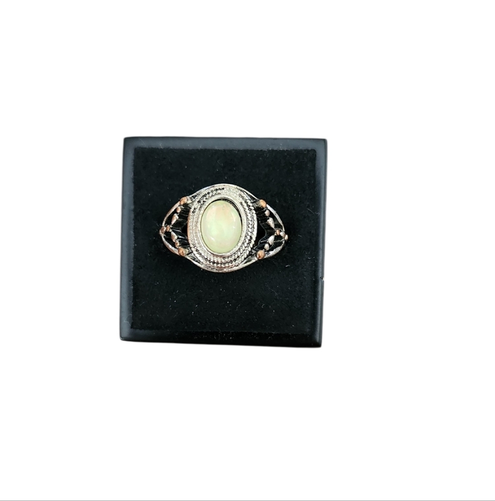 Size 6.5 Tarnished Silver Toned Opal Oval Ring - White Opalescent Gem
